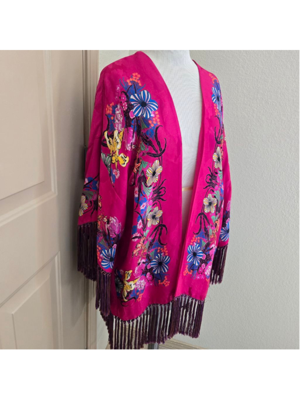 Etro Pink Floral Fringe Silk Kimono Shrug one size - Picture 12 of 16